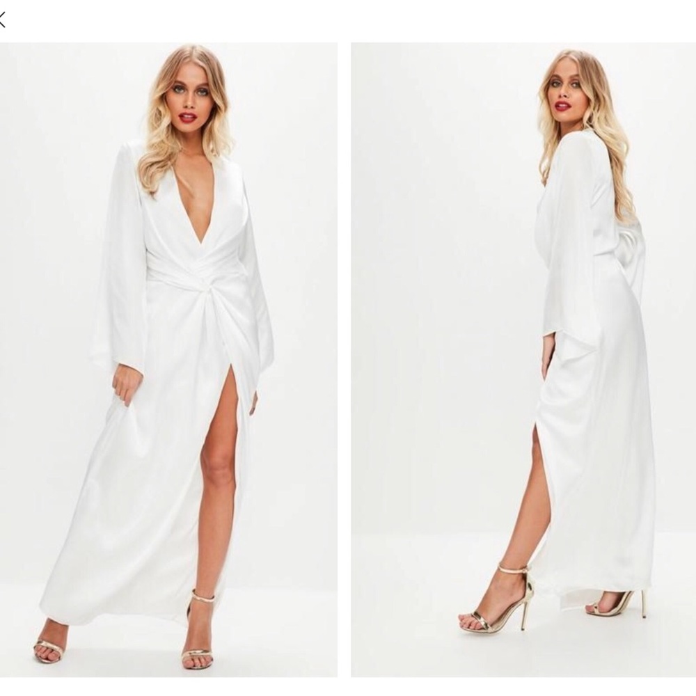 White Satin Plunge Twist Front Maxi Dress